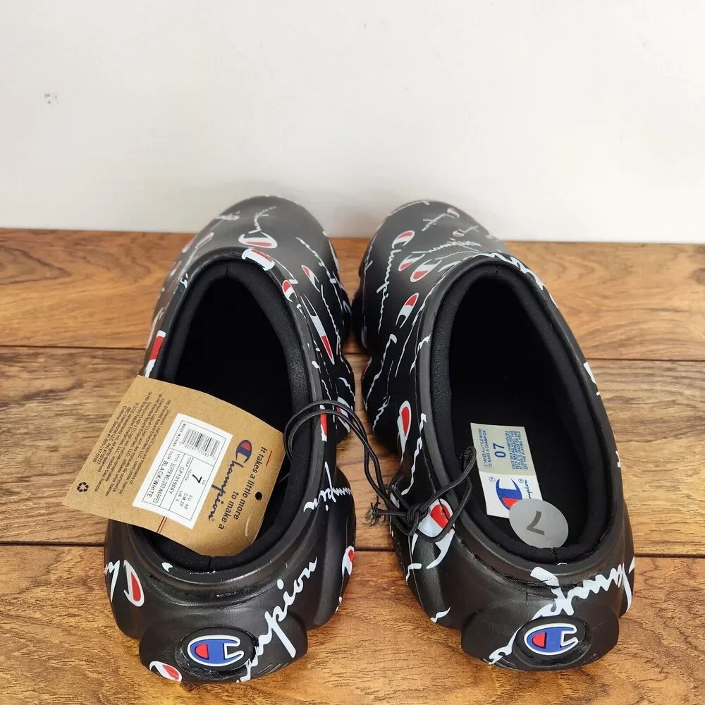 New Champion Super Meloso Warped Slides Black White Mens Sz 7 Closed Toe Slip on